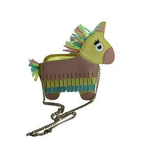 Piñata Donkey Handbag Shoulder Bag Pastel Rainbow Fringe 9"x8.5" Gold Chain